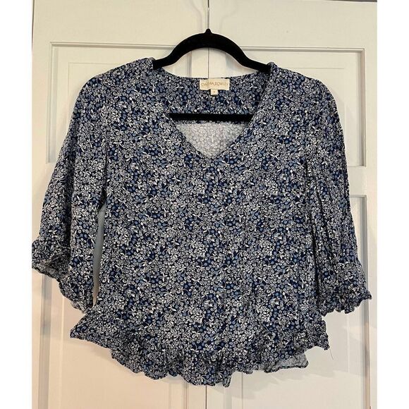 Cynthia rowley blue floral ruffle hem top small - Picture 1 of 9